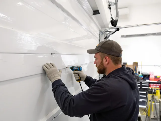 Milford city  Garage Door Repair technician demonstrating precision dent removal techniques on a Milford city  garage door